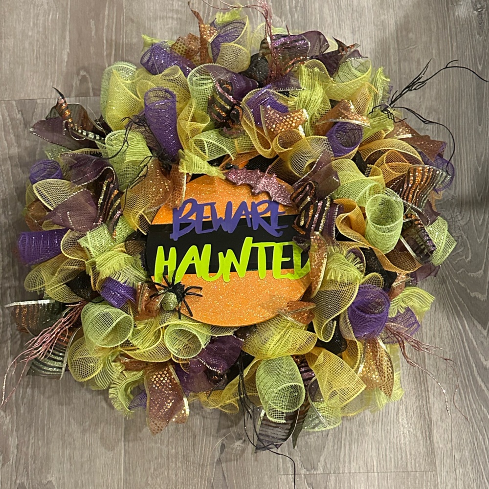 Halloween Wreath with 'Beware Haunted' Sign